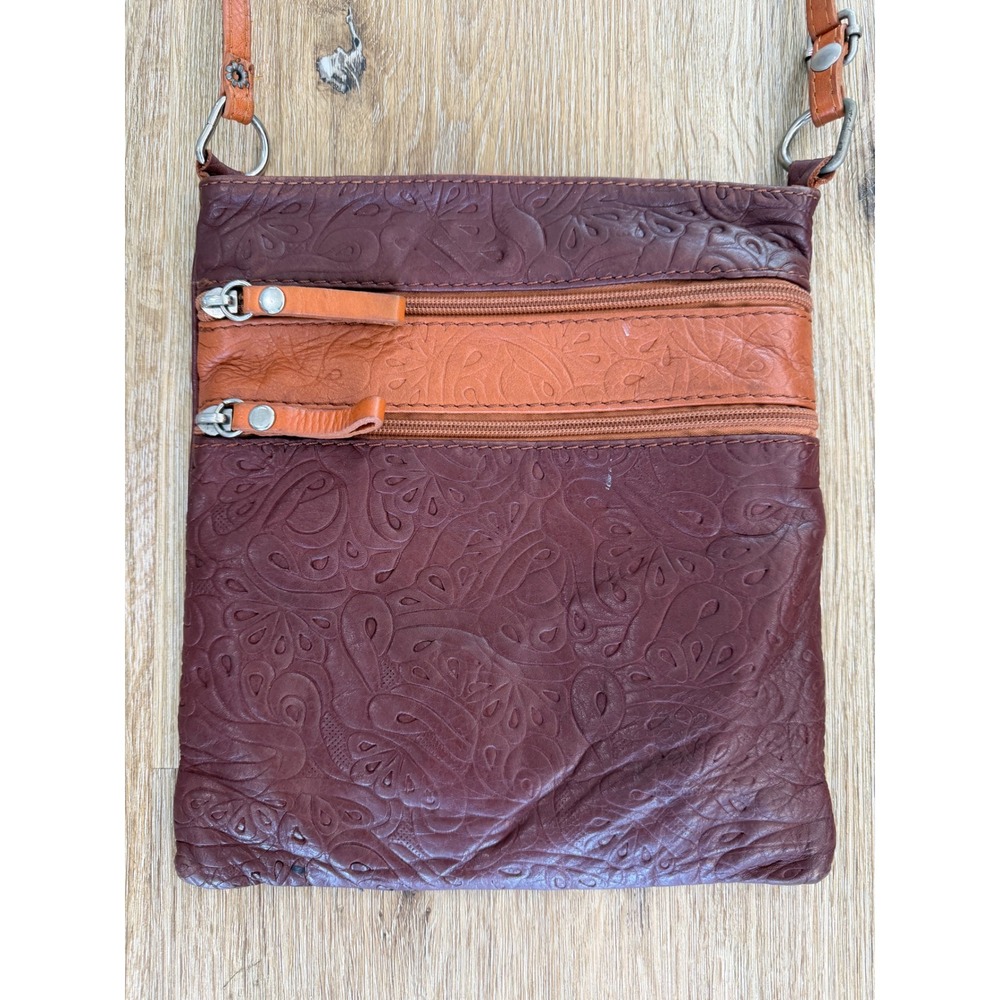 Made in Italy Crossbody Bag Small Burgundy Tan Embossed Leather Travel Bag